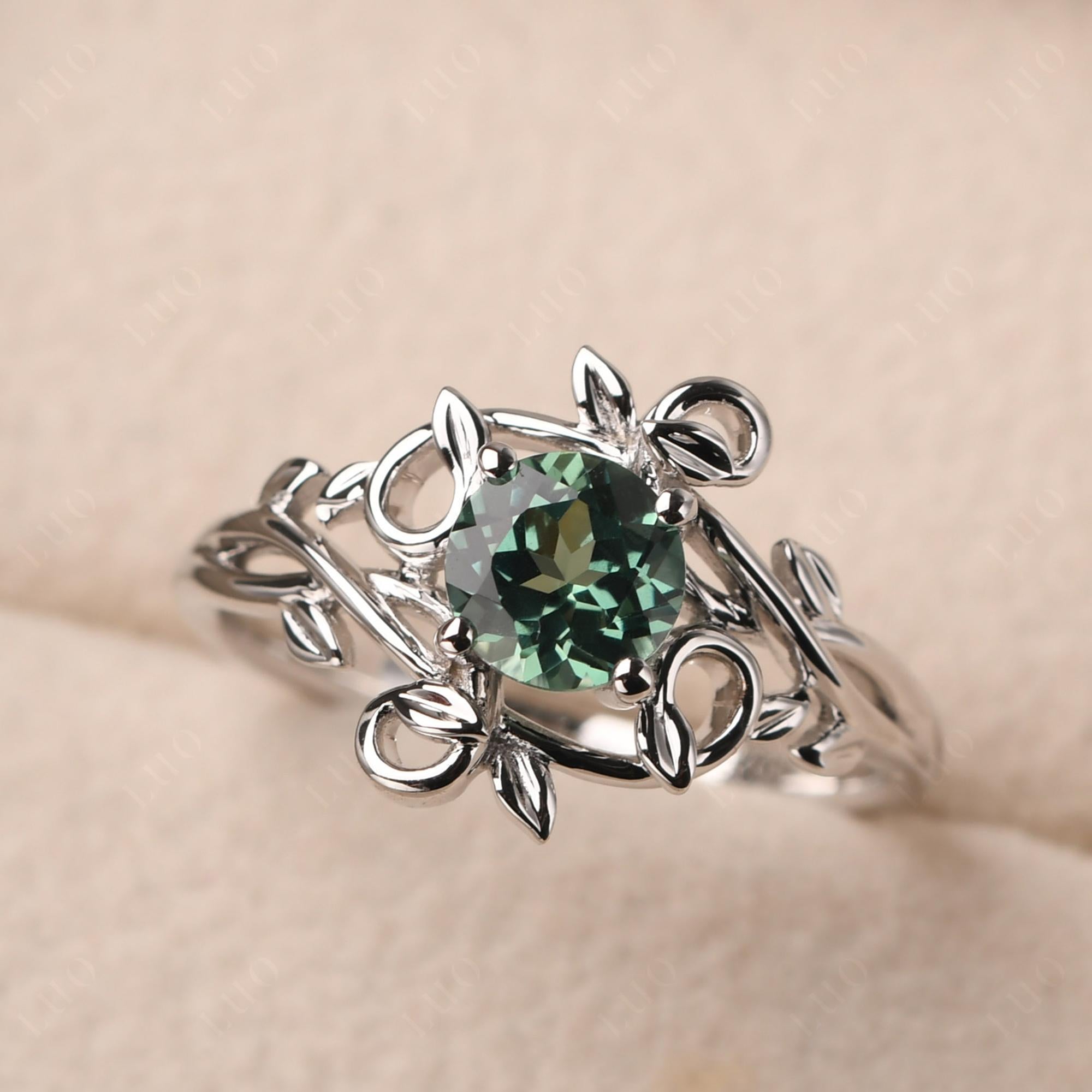 Round Cut Lab Green Sapphire Leaf Ring - LUO Jewelry