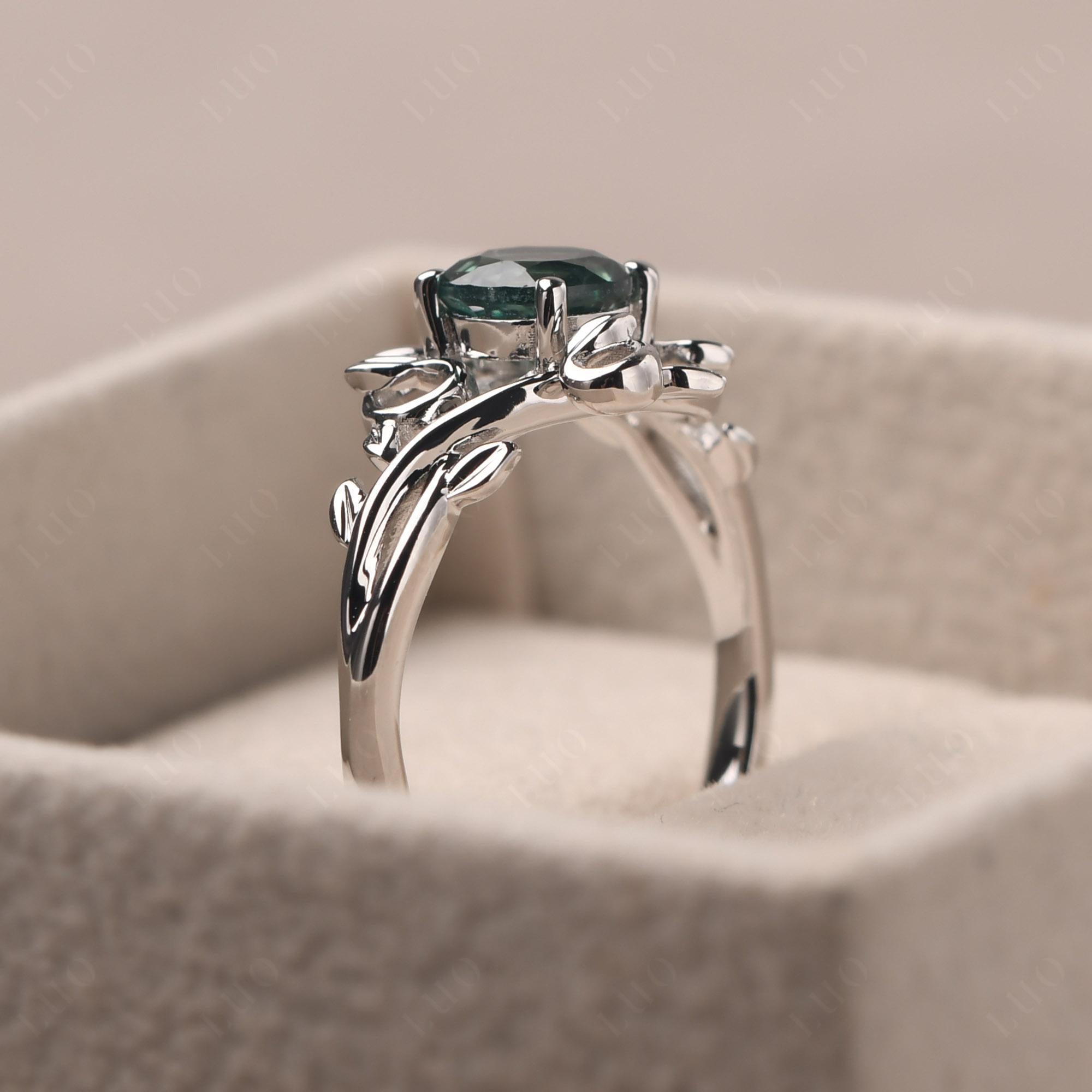 Round Cut Lab Green Sapphire Leaf Ring - LUO Jewelry