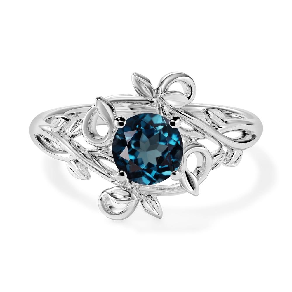 Round Cut London Blue Topaz Leaf Ring - LUO Jewelry #metal_14k white gold
