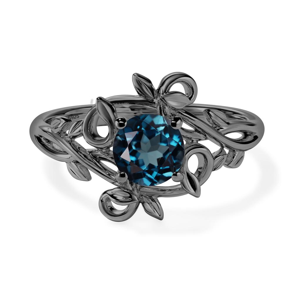 Round Cut London Blue Topaz Leaf Ring - LUO Jewelry #metal_black finish sterling silver