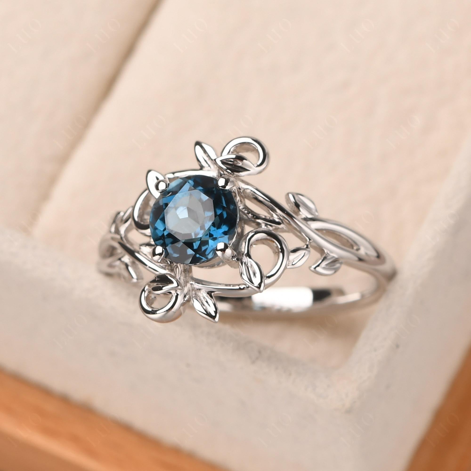 Round Cut London Blue Topaz Leaf Ring - LUO Jewelry