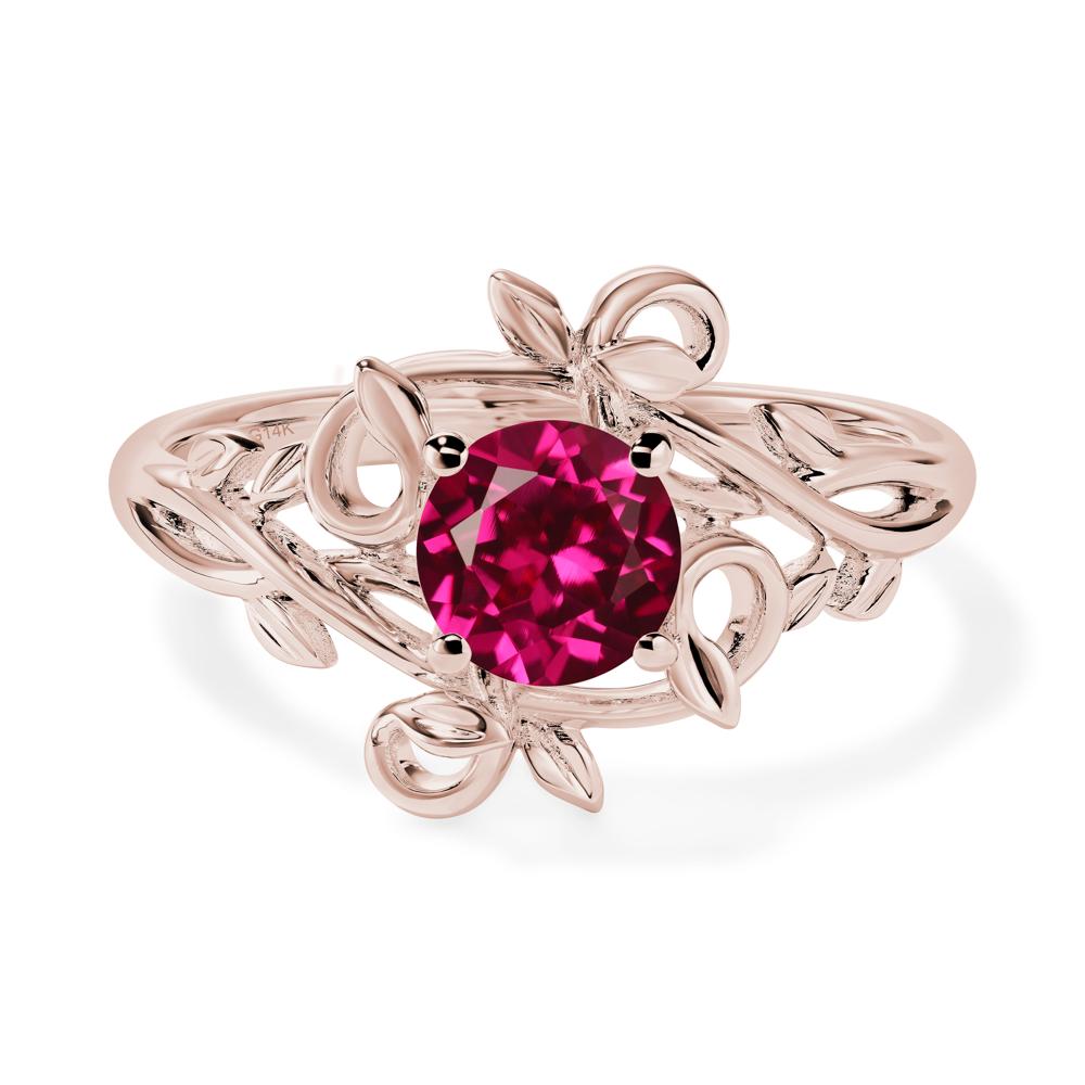 Round Cut Lab Created Ruby Leaf Ring - LUO Jewelry #metal_14k rose gold