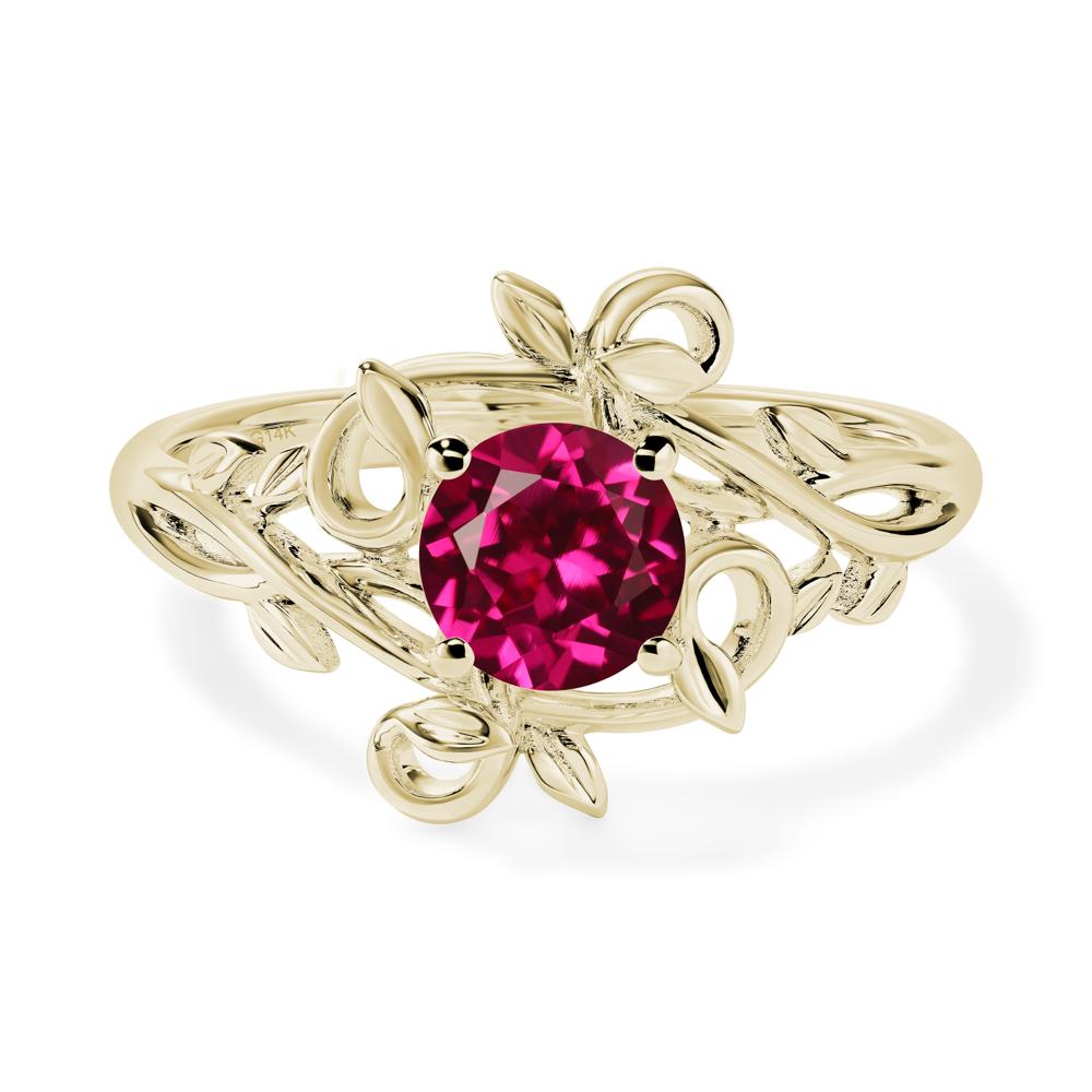 Round Cut Lab Created Ruby Leaf Ring - LUO Jewelry #metal_14k yellow gold
