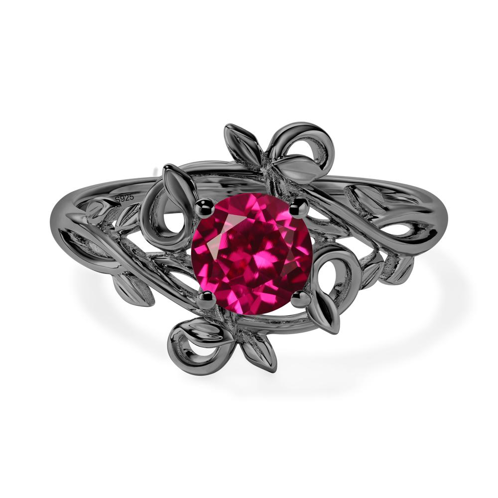 Round Cut Lab Created Ruby Leaf Ring - LUO Jewelry #metal_black finish sterling silver