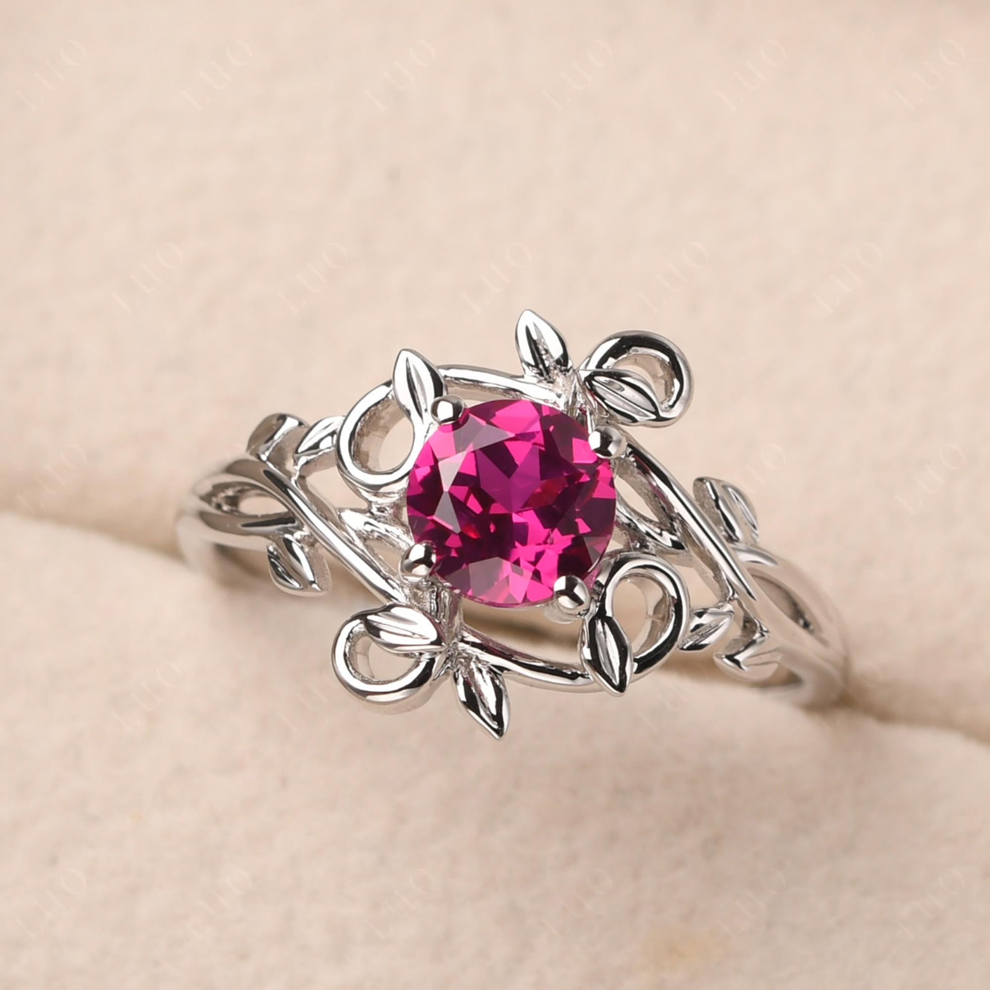 Round Cut Lab Created Ruby Leaf Ring - LUO Jewelry