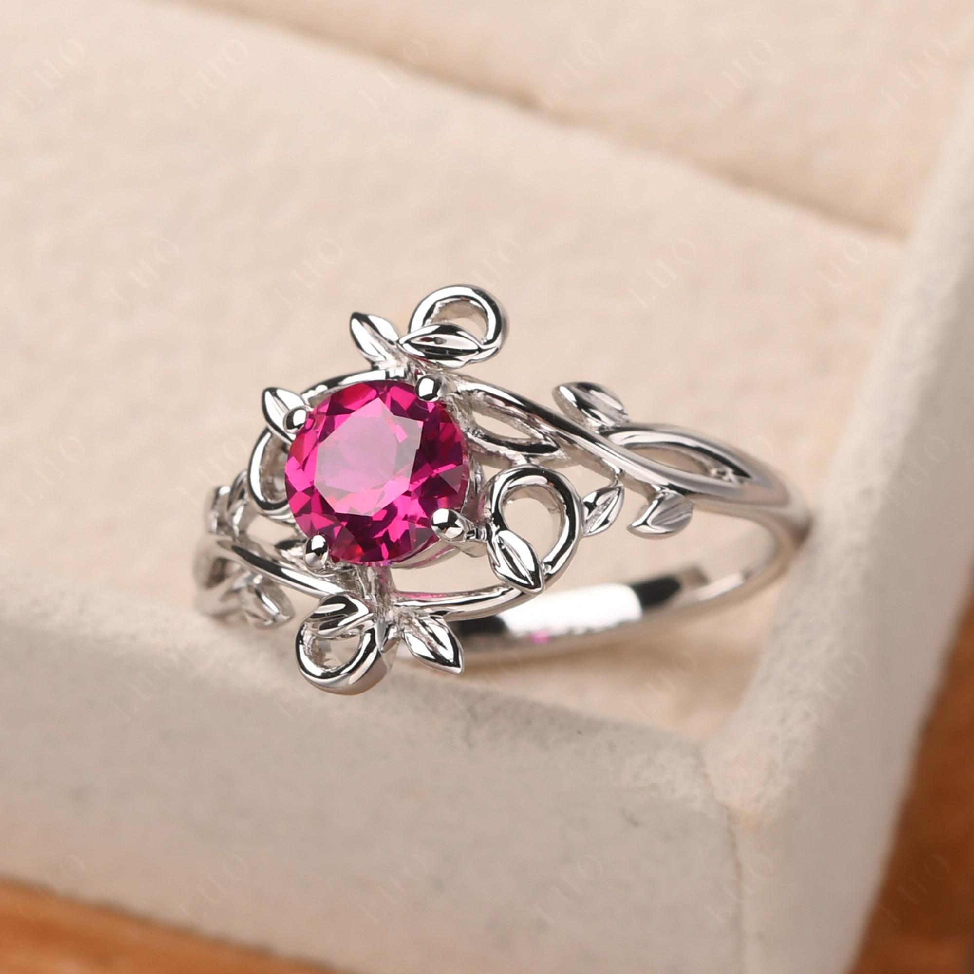 Round Cut Lab Created Ruby Leaf Ring - LUO Jewelry