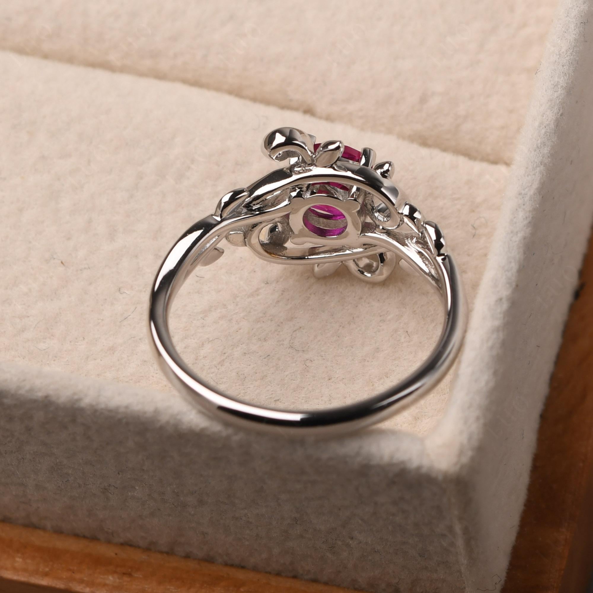 Round Cut Lab Created Ruby Leaf Ring - LUO Jewelry