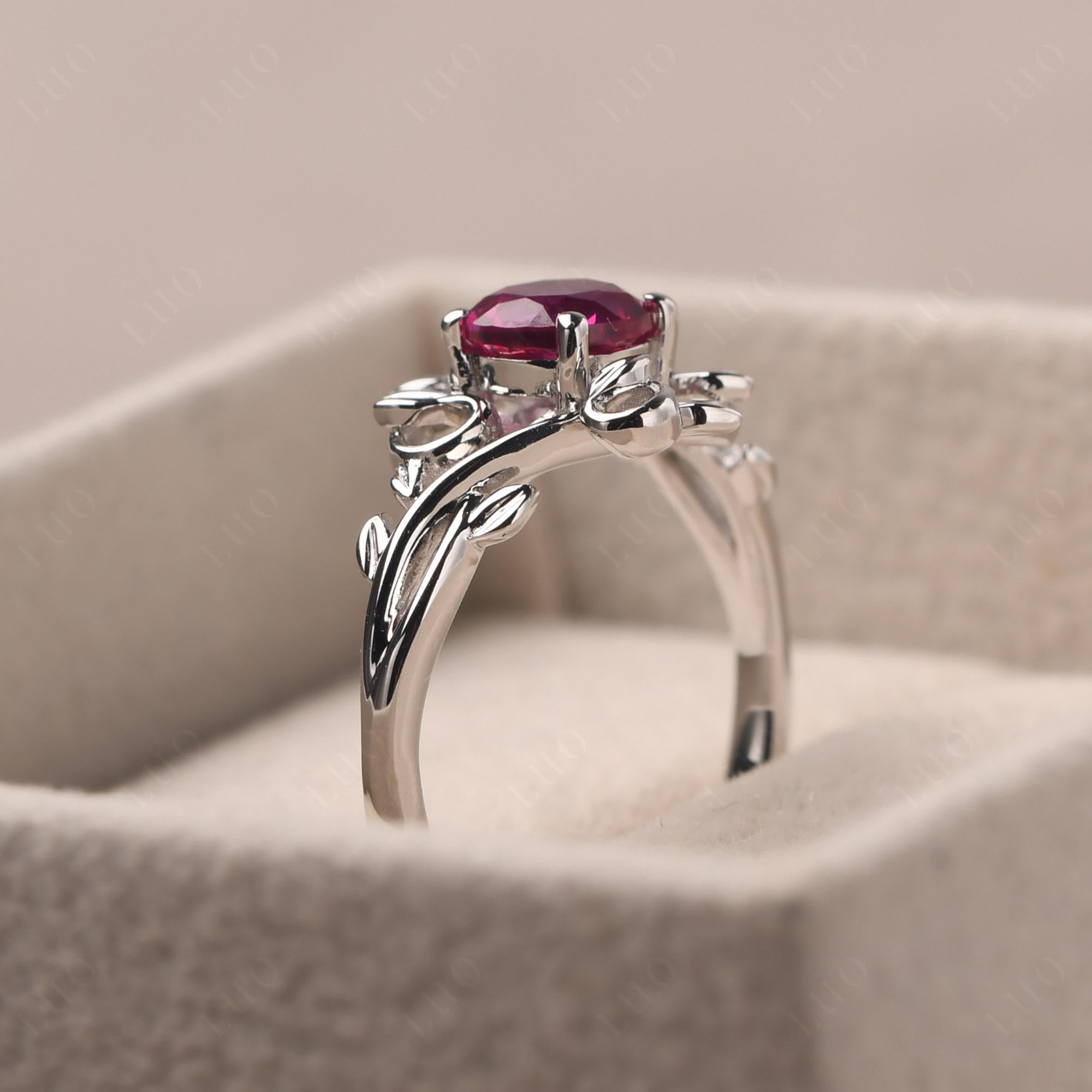 Round Cut Lab Created Ruby Leaf Ring - LUO Jewelry