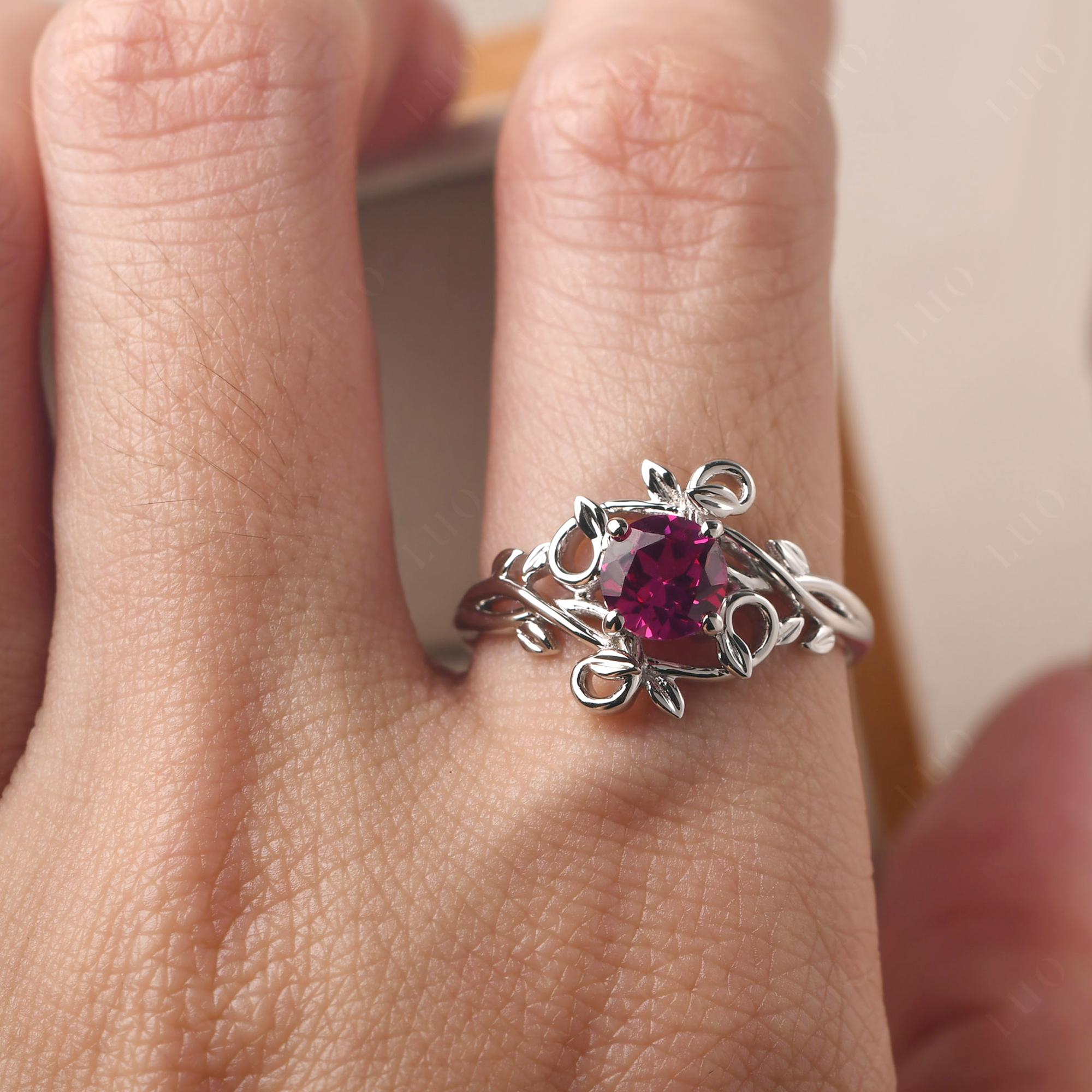 Round Cut Lab Created Ruby Leaf Ring - LUO Jewelry