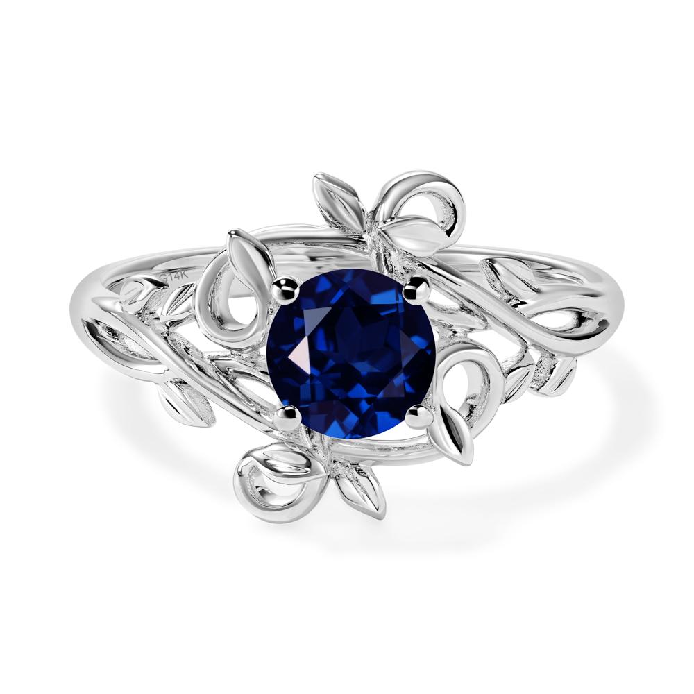 Round Cut Lab Sapphire Leaf Ring - LUO Jewelry #metal_14k white gold
