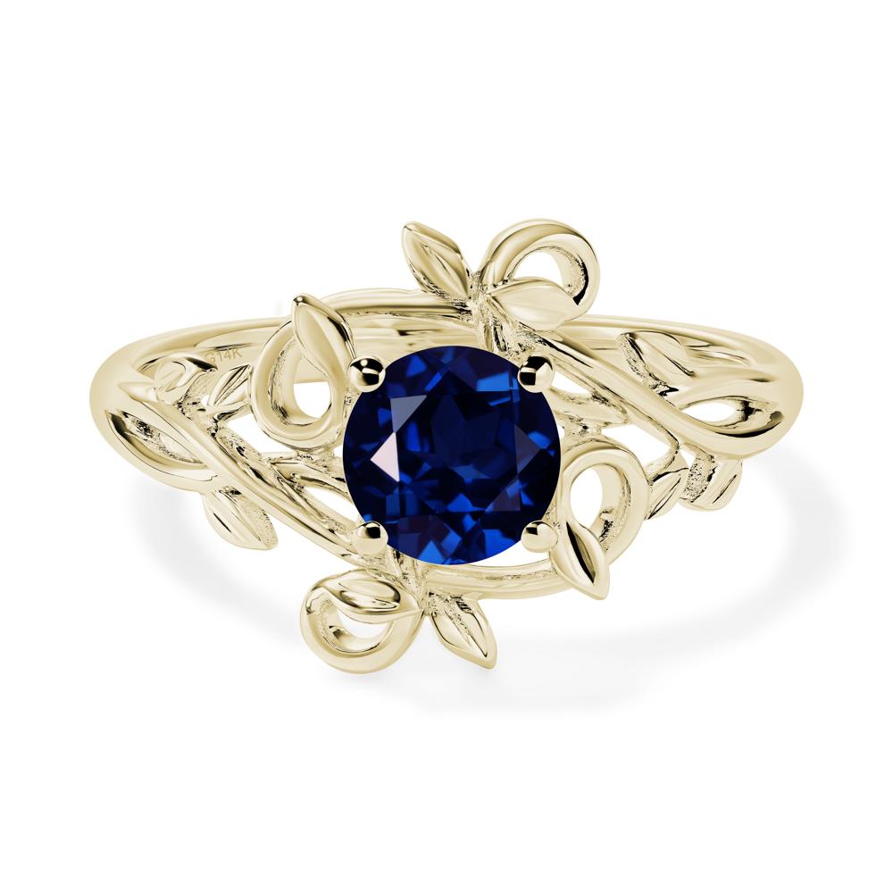 Round Cut Lab Sapphire Leaf Ring - LUO Jewelry #metal_14k yellow gold