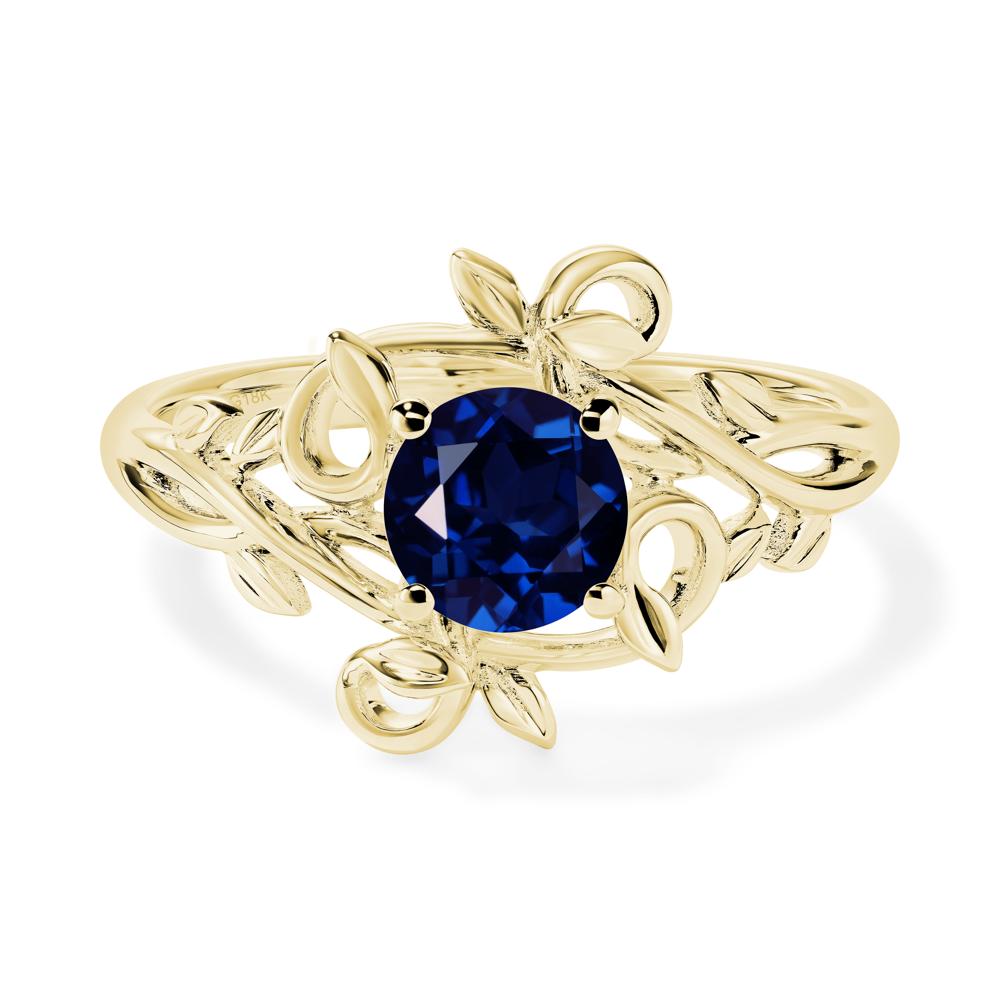 Round Cut Lab Sapphire Leaf Ring - LUO Jewelry #metal_18k yellow gold