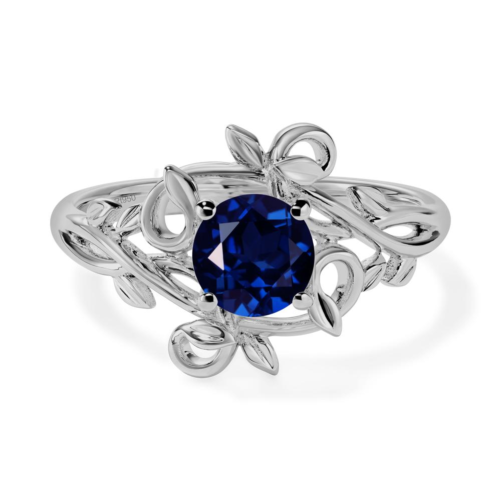 Round Cut Lab Sapphire Leaf Ring - LUO Jewelry #metal_platinum