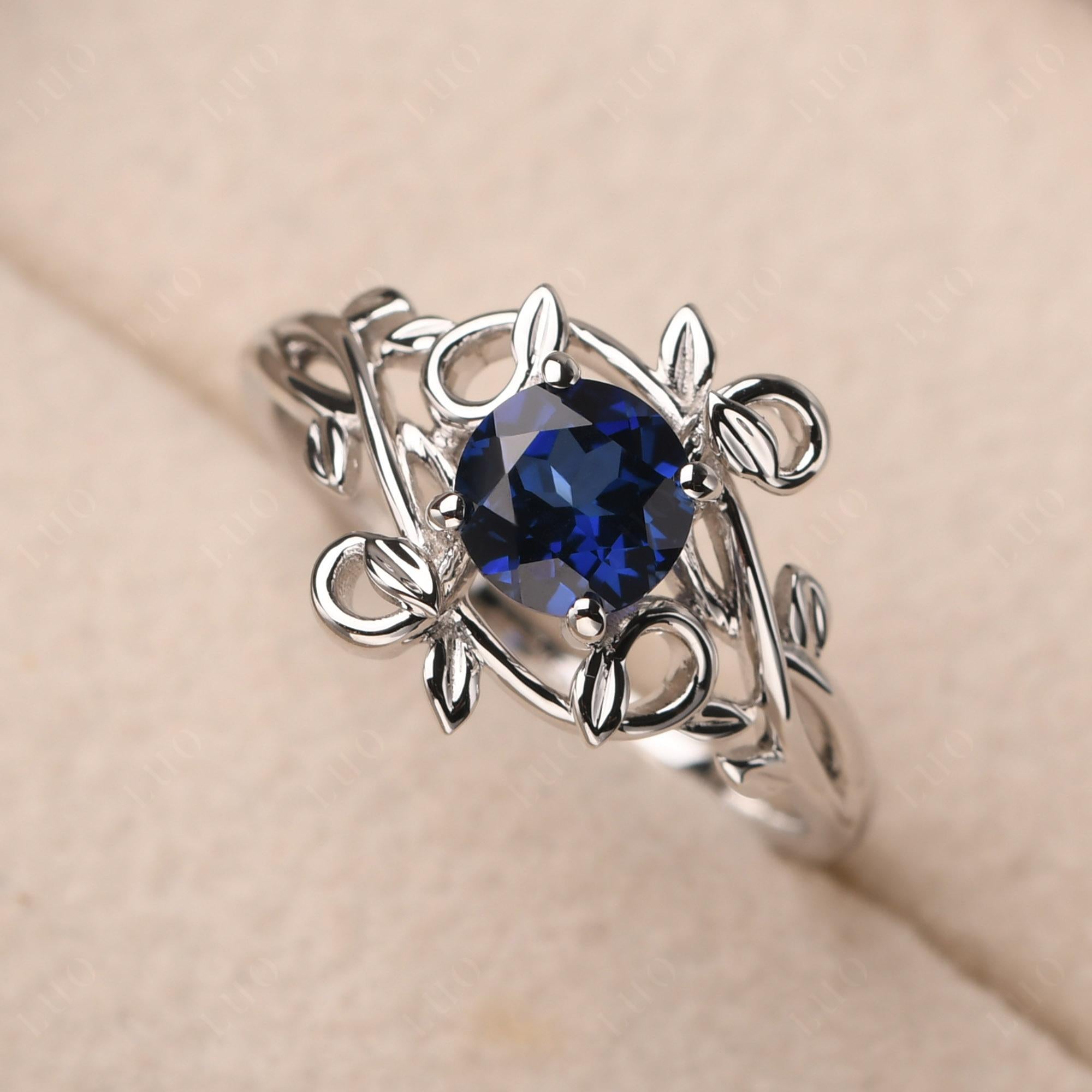 Round Cut Lab Sapphire Leaf Ring - LUO Jewelry