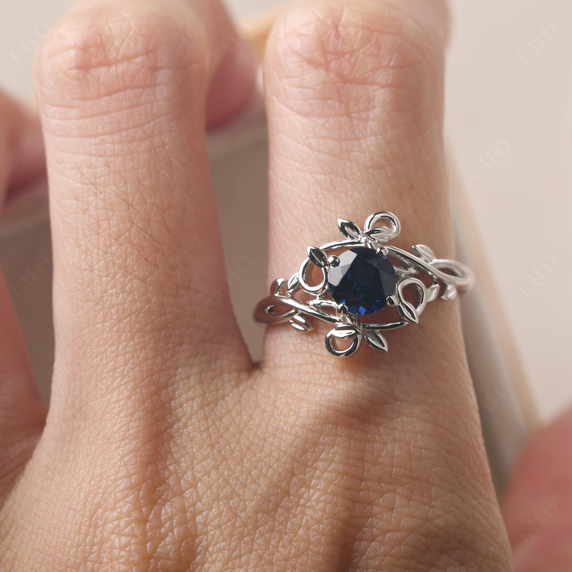 Round Cut Lab Sapphire Leaf Ring - LUO Jewelry