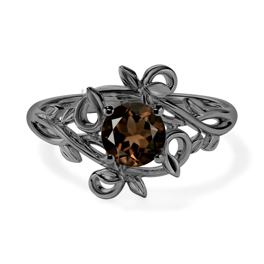 Round Cut Smoky Quartz Leaf Ring - LUO Jewelry #metal_black finish sterling silver