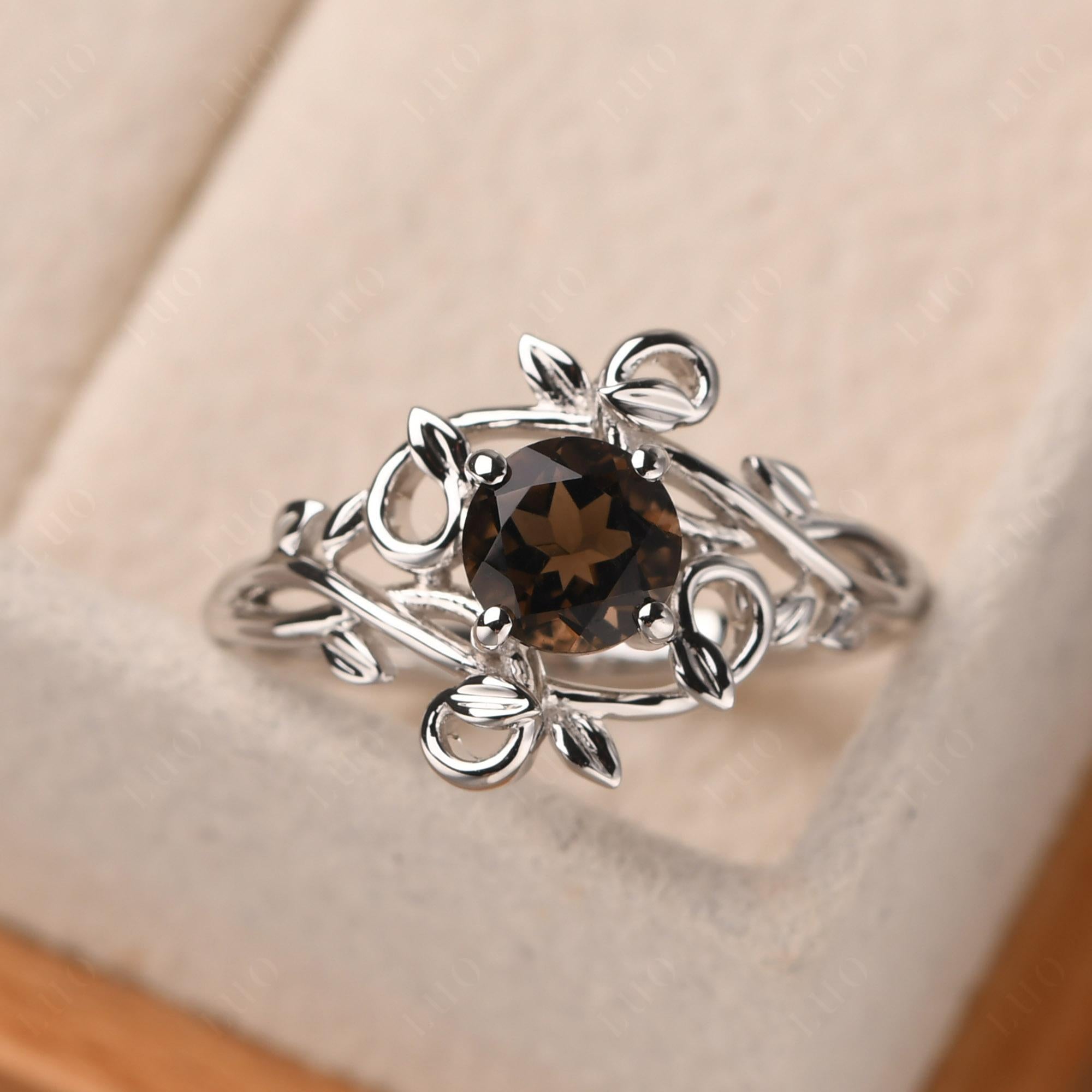 Round Cut Smoky Quartz Leaf Ring - LUO Jewelry