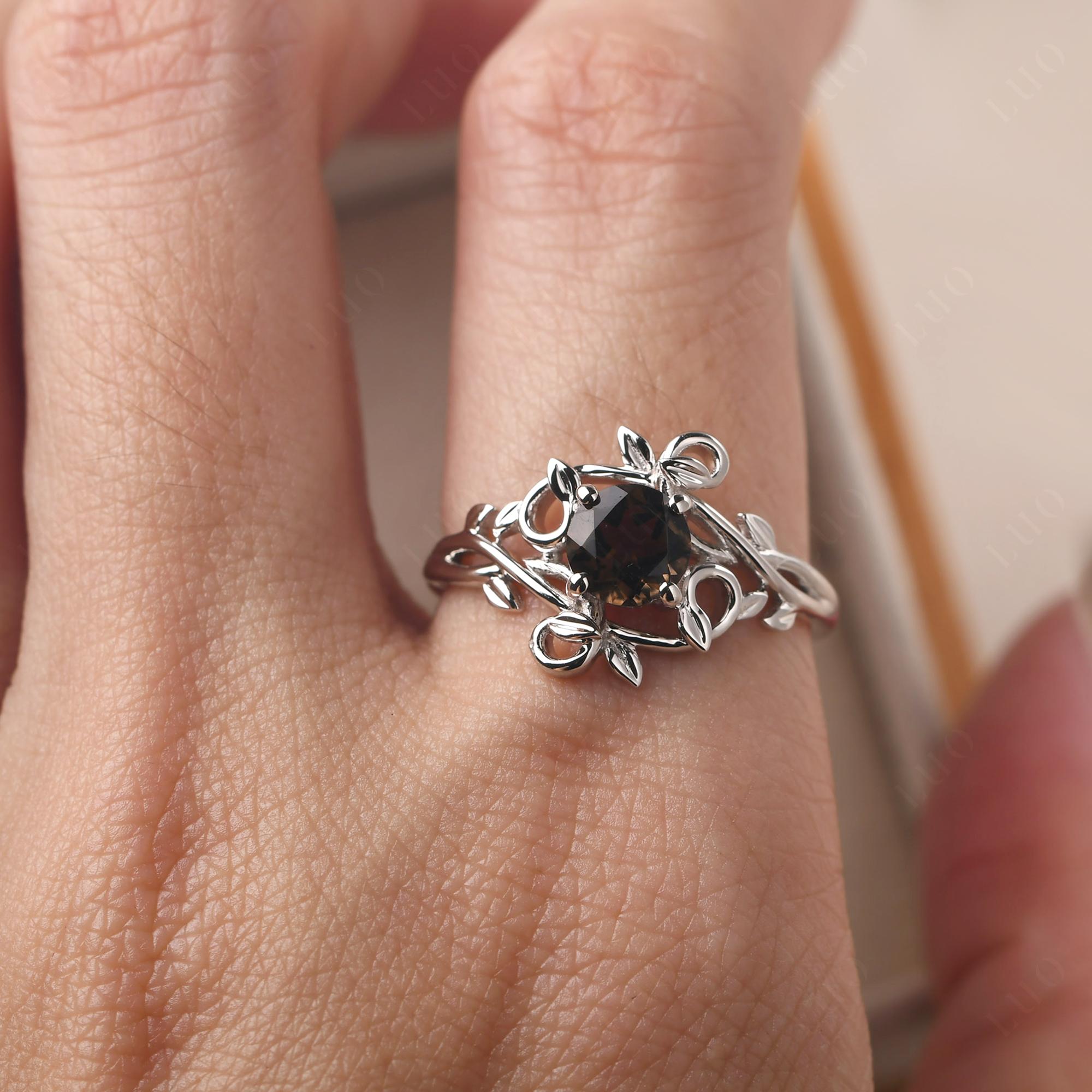 Round Cut Smoky Quartz Leaf Ring - LUO Jewelry