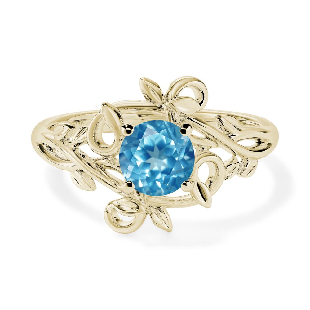 Round Cut Swiss Blue Topaz Leaf Ring - LUO Jewelry #metal_14k yellow gold