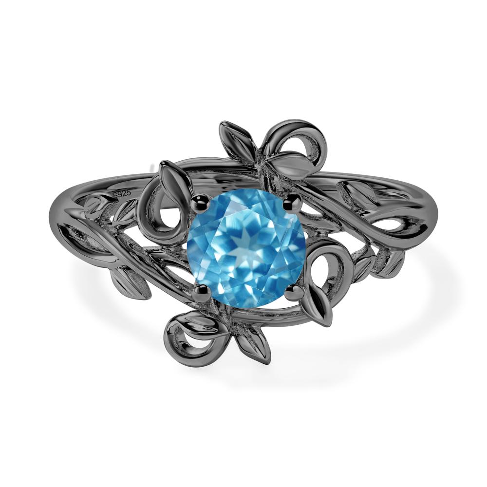 Round Cut Swiss Blue Topaz Leaf Ring - LUO Jewelry #metal_black finish sterling silver