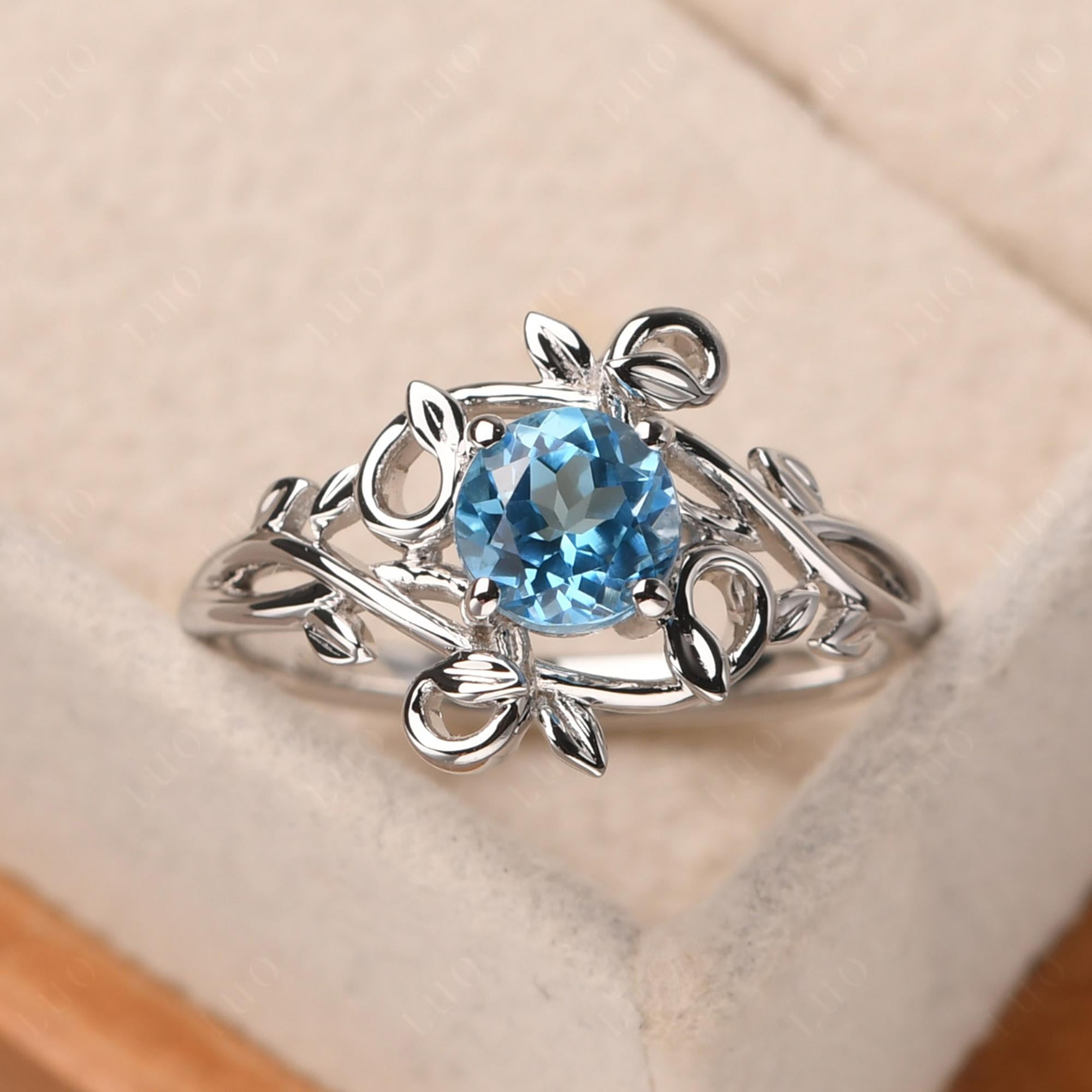 Round Cut Swiss Blue Topaz Leaf Ring - LUO Jewelry