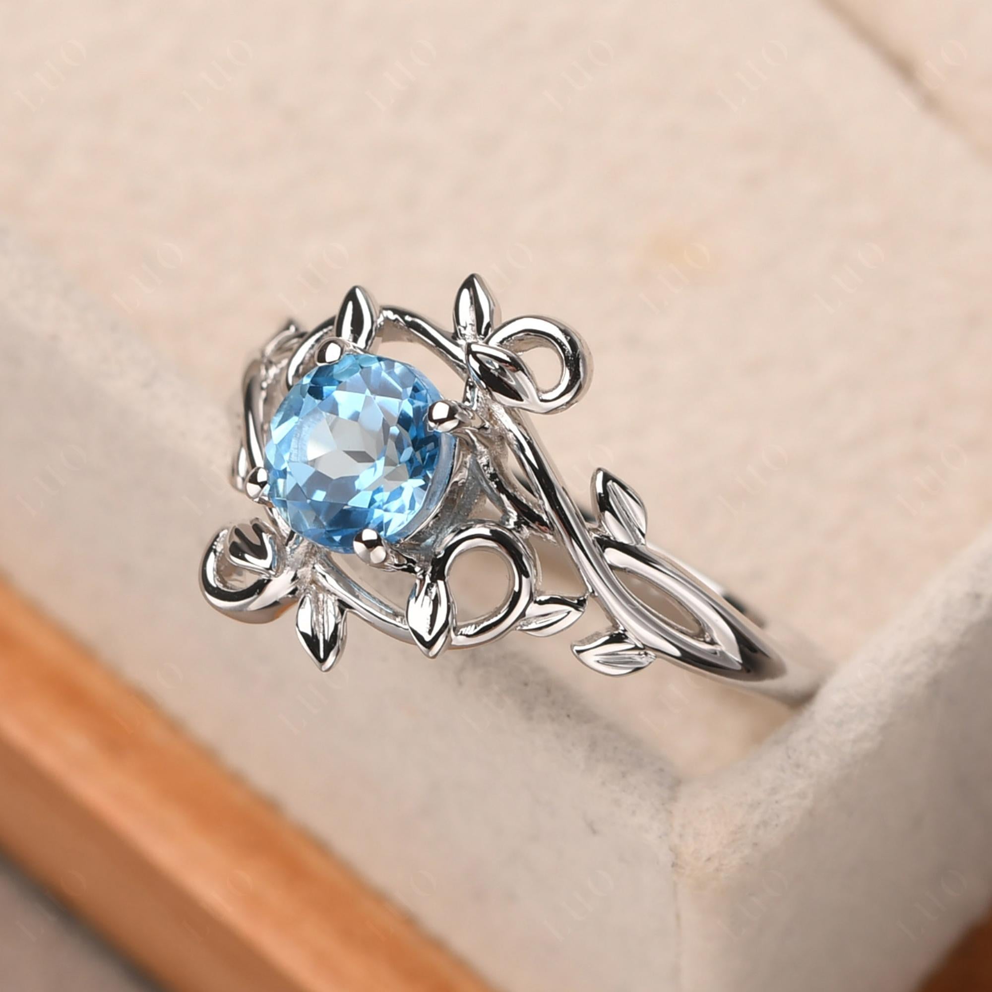 Round Cut Swiss Blue Topaz Leaf Ring - LUO Jewelry