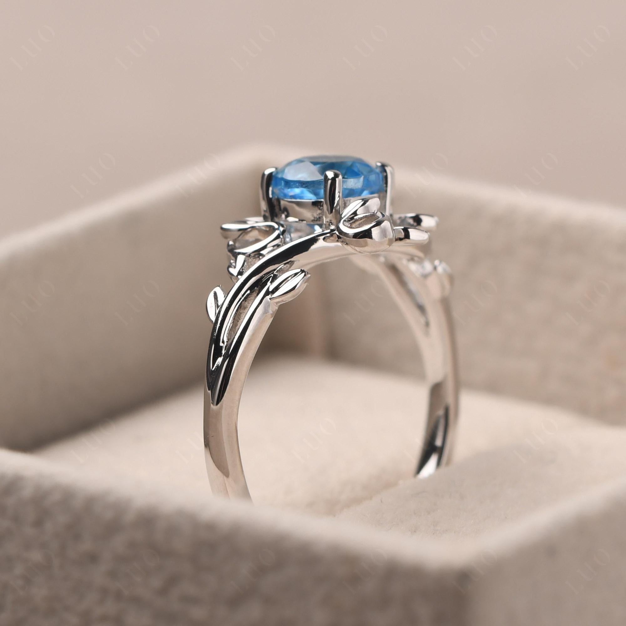 Round Cut Swiss Blue Topaz Leaf Ring - LUO Jewelry