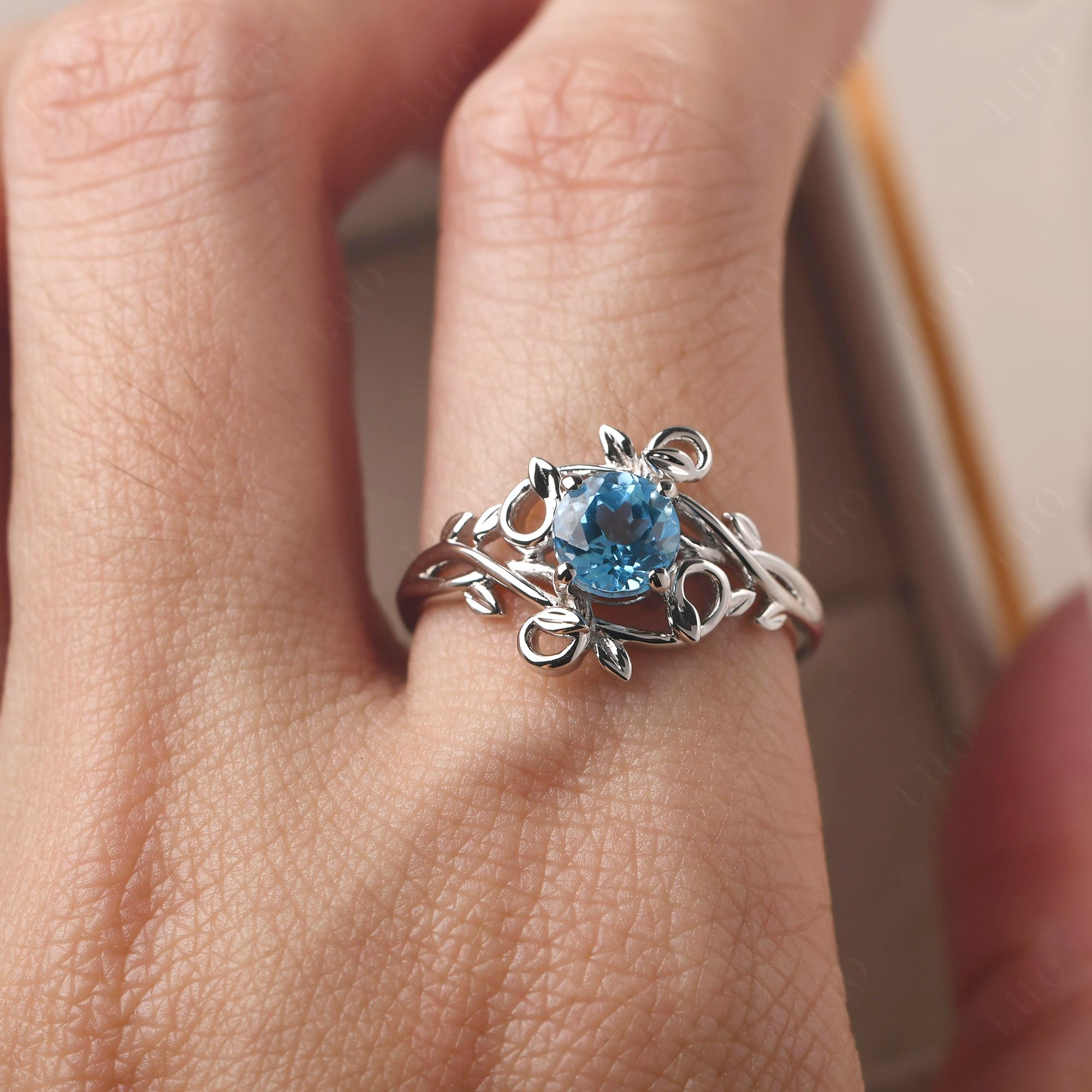 Round Cut Swiss Blue Topaz Leaf Ring - LUO Jewelry