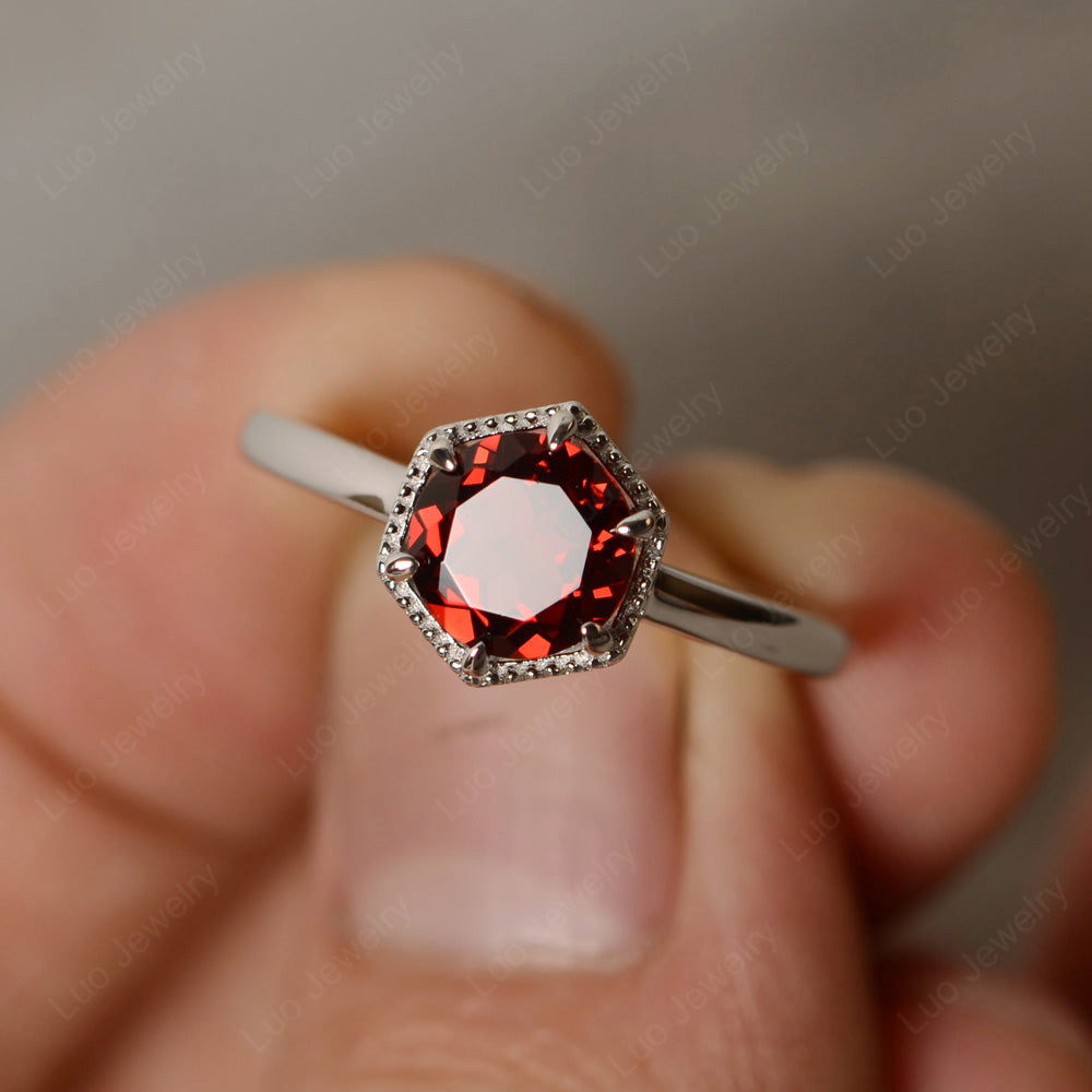 Garnet Hexagon Solitaire Engagement Ring - LUO Jewelry