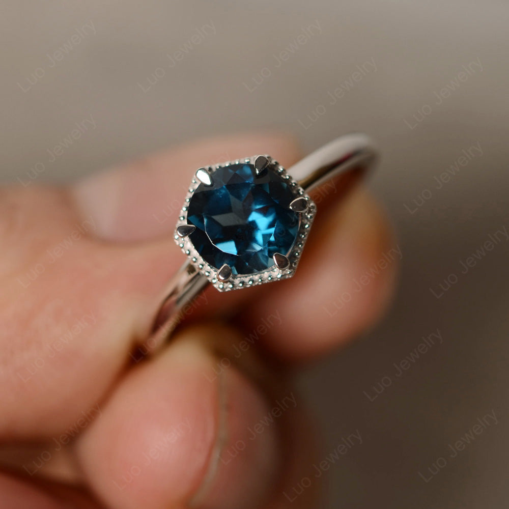 London Blue Topaz Hexagon Solitaire Engagement Ring - LUO Jewelry