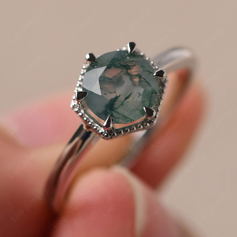 Moss Agate Hexagon Solitaire Engagement Ring - LUO Jewelry