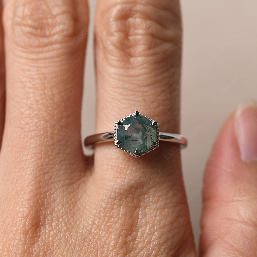 Moss Agate Hexagon Solitaire Engagement Ring - LUO Jewelry