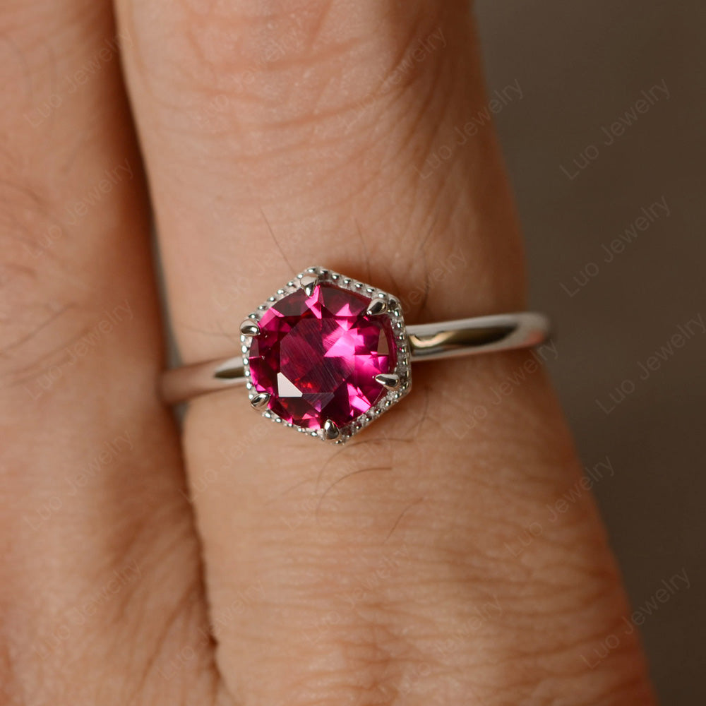 Ruby Hexagon Solitaire Engagement Ring - LUO Jewelry