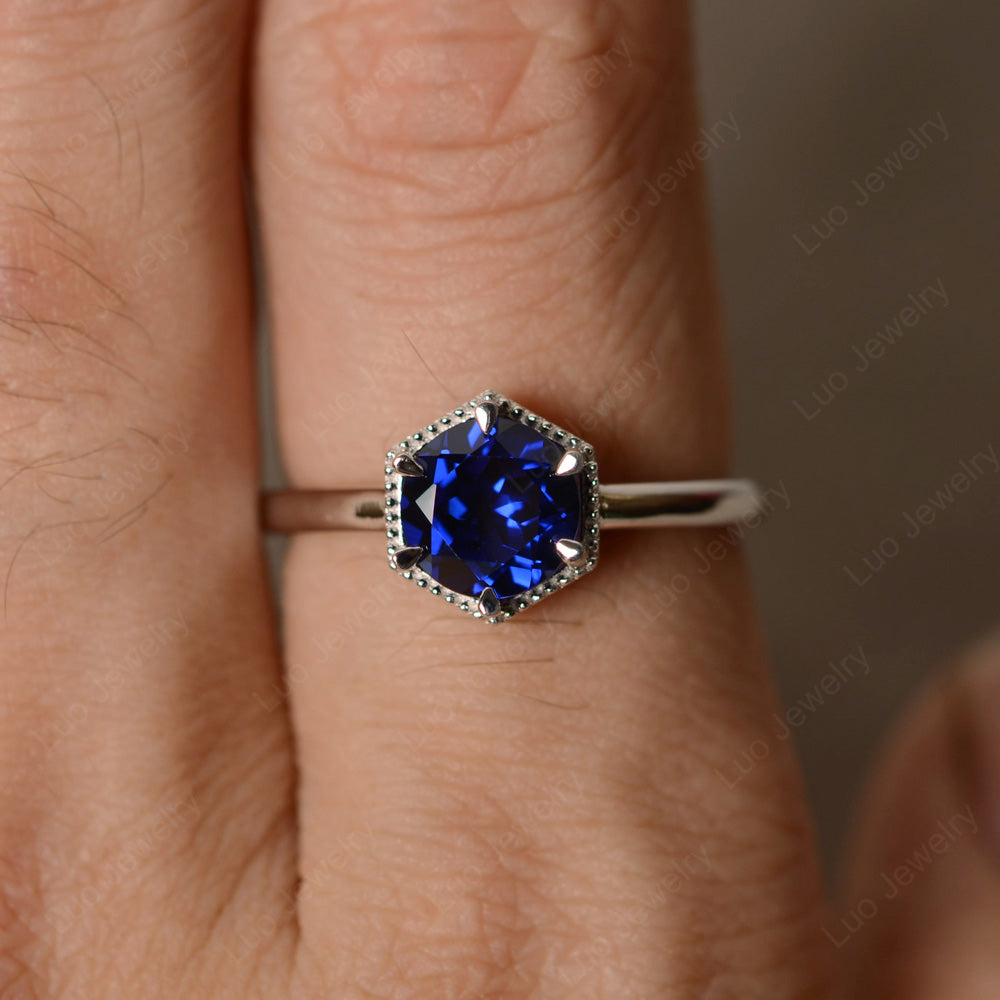 Lab Sapphire Hexagon Solitaire Engagement Ring - LUO Jewelry