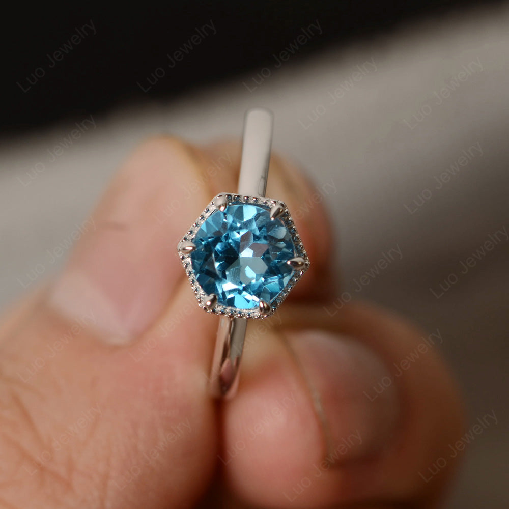 Swiss Blue Topaz Hexagon Solitaire Engagement Ring - LUO Jewelry