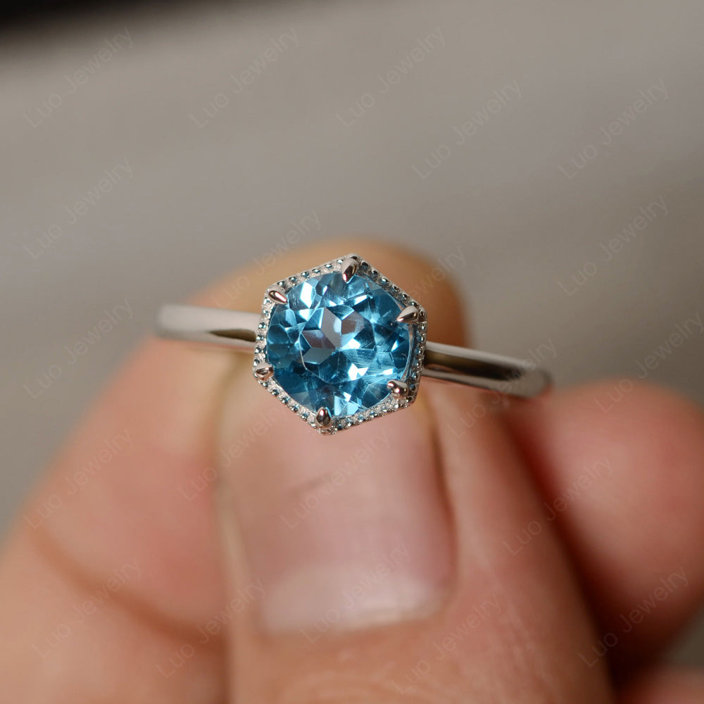 Swiss Blue Topaz Hexagon Solitaire Engagement Ring - LUO Jewelry