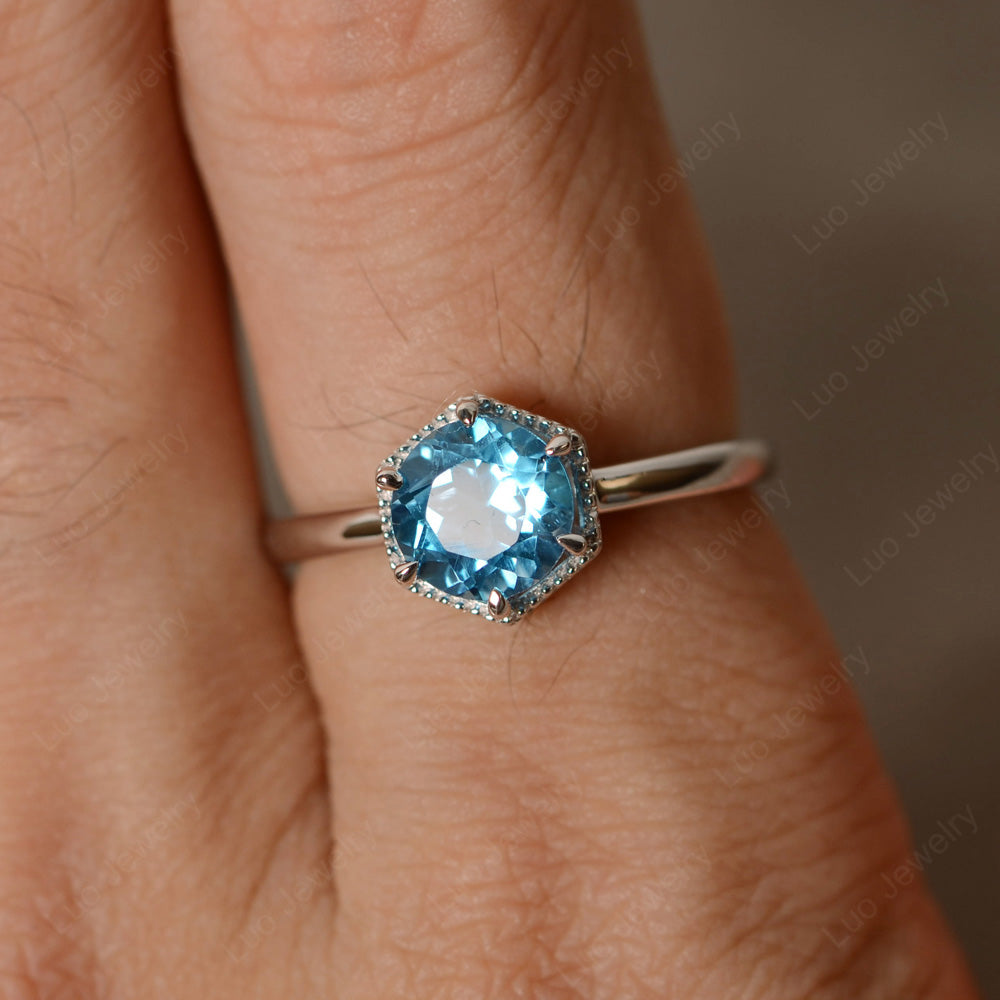 Swiss Blue Topaz Hexagon Solitaire Engagement Ring - LUO Jewelry