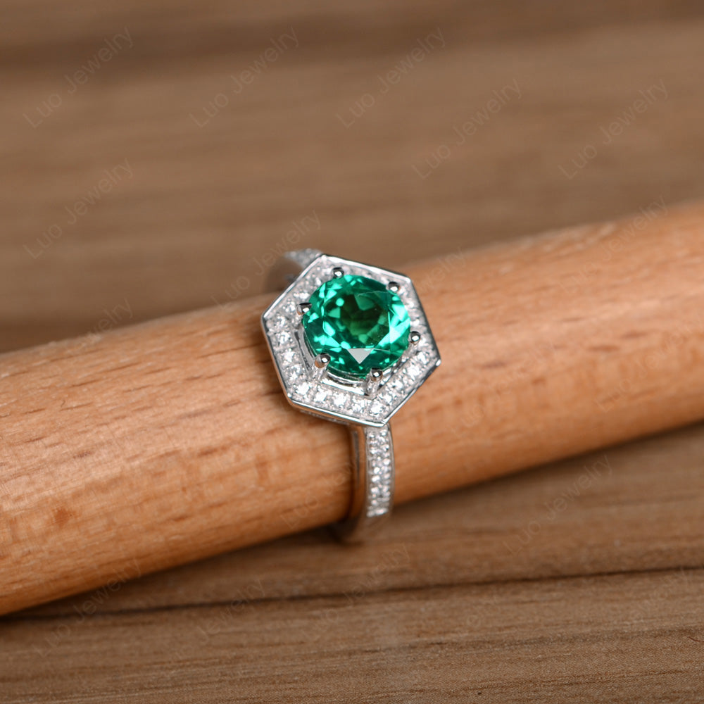 Round Cut Lab Emerald Engagement Ring White Gold - LUO Jewelry