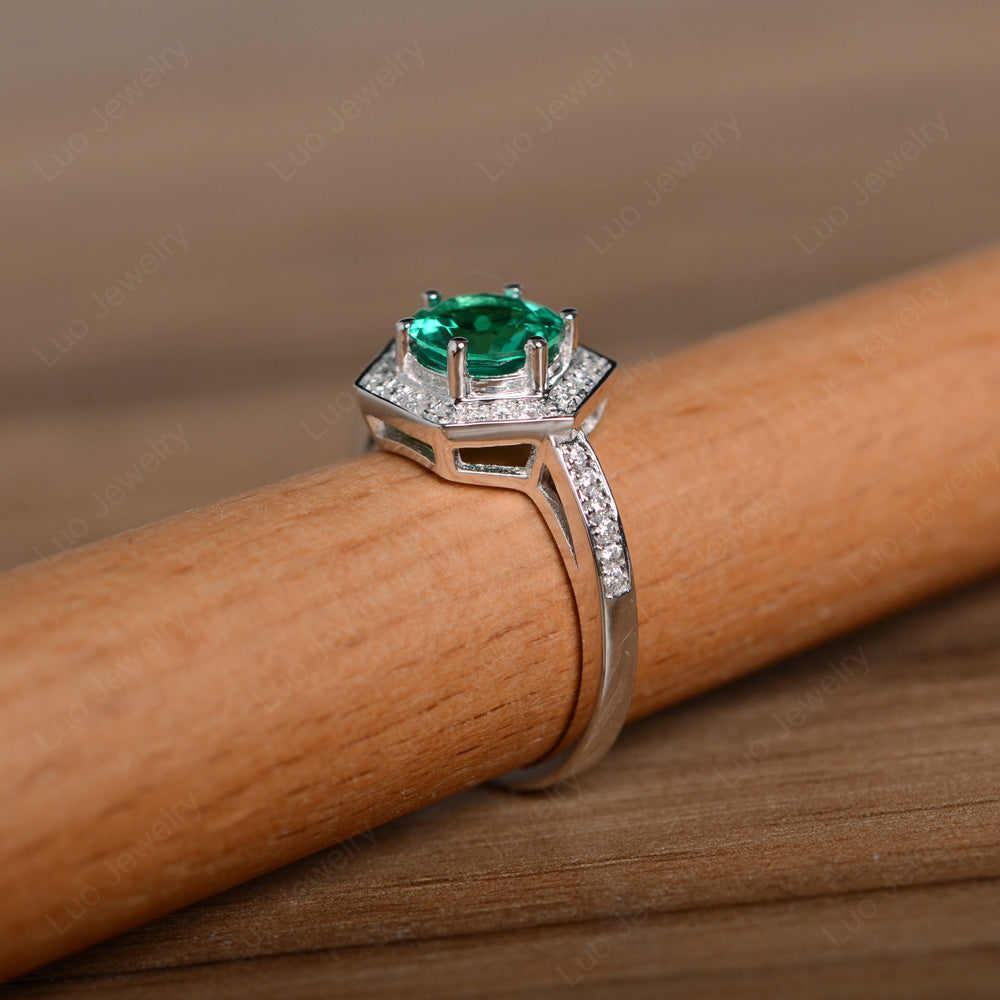 Round Cut Lab Emerald Engagement Ring White Gold - LUO Jewelry
