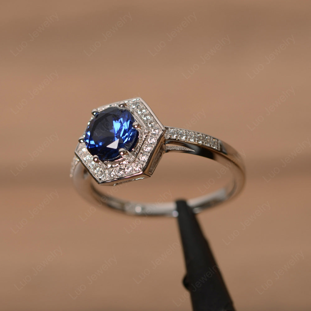 Round Cut Lab Sapphire Engagement Ring White Gold - LUO Jewelry