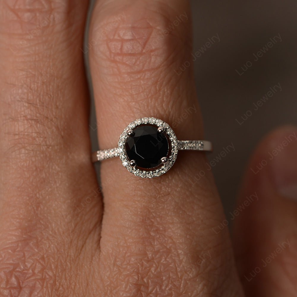 Round Brilliant Black Stone Halo Engagement Ring - LUO Jewelry