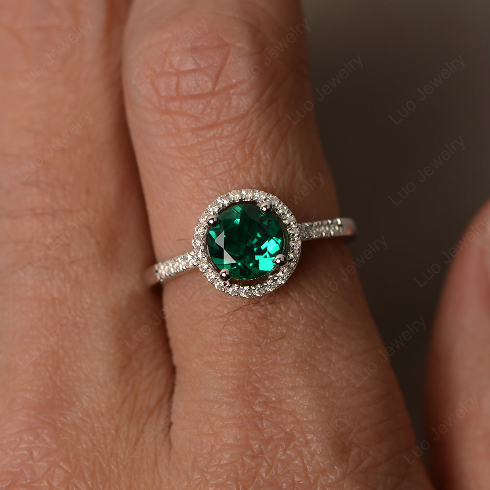 Round Brilliant Lab Emerald Halo Engagement Ring - LUO Jewelry