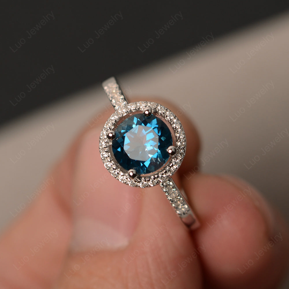 Round Brilliant London Blue Topaz Halo Engagement Ring - LUO Jewelry