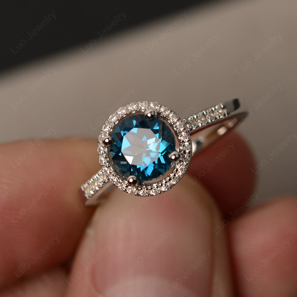Round Brilliant London Blue Topaz Halo Engagement Ring - LUO Jewelry