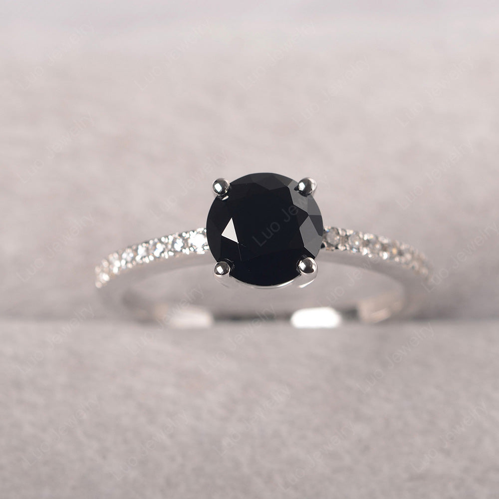 Black Stone Wedding Ring Round Cut Sterling Silver - LUO Jewelry