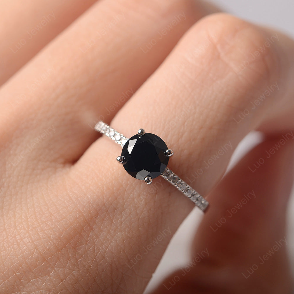 Black Stone Wedding Ring Round Cut Sterling Silver - LUO Jewelry