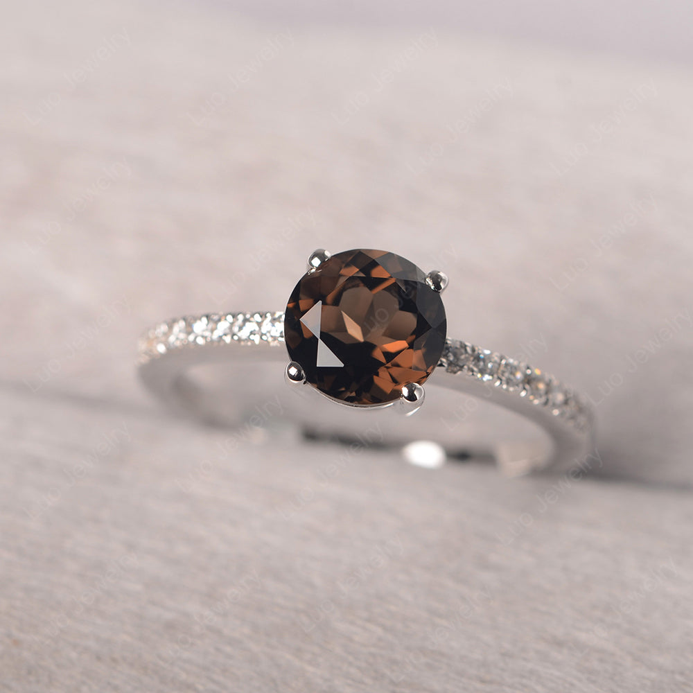 Smoky Quartz  Wedding Ring Round Cut Sterling Silver - LUO Jewelry