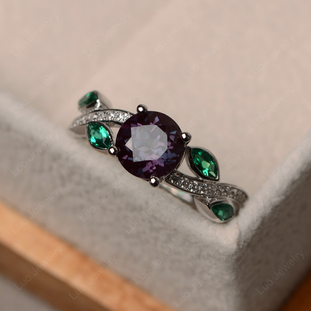 Alexandrite Art Deco Engagement Ring With Leaf - LUO Jewelry