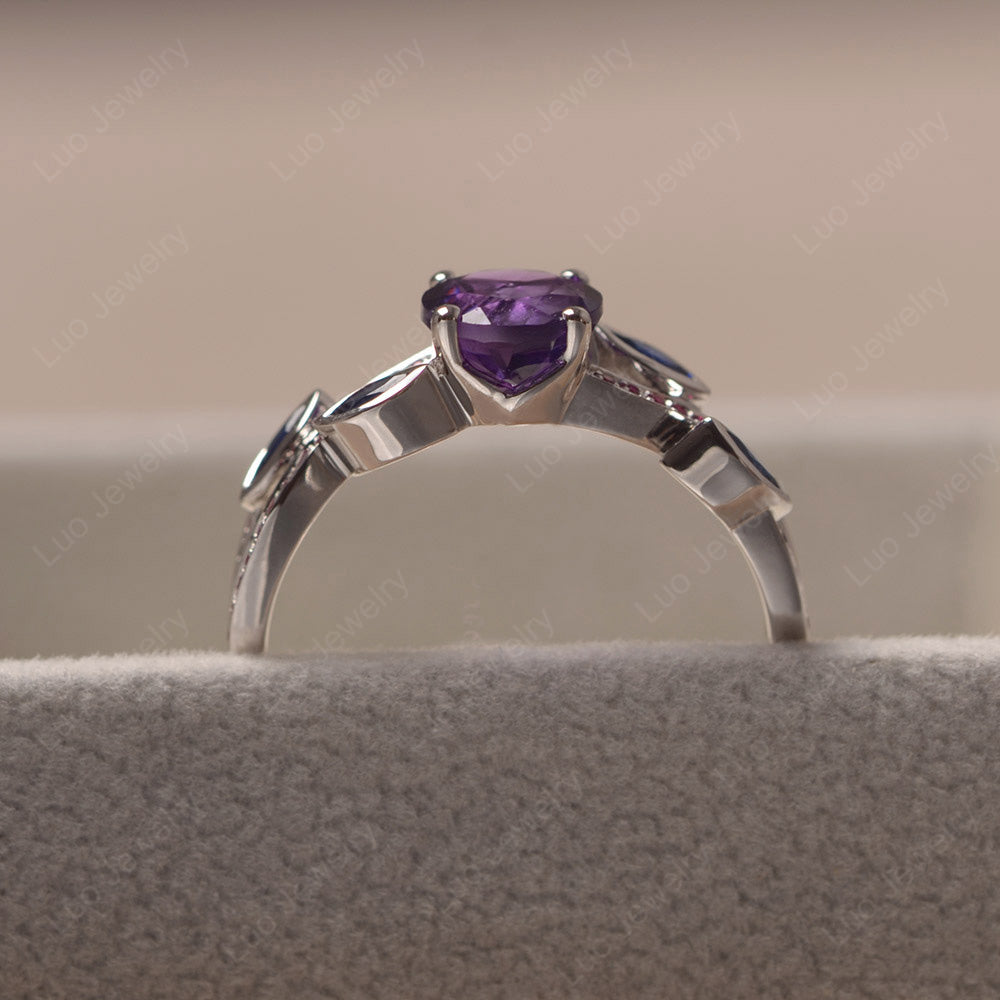 Amethyst Art Deco Engagement Ring With Leaf - LUO Jewelry