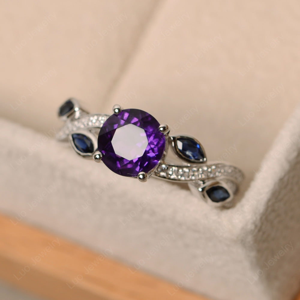 Amethyst Art Deco Engagement Ring With Leaf - LUO Jewelry